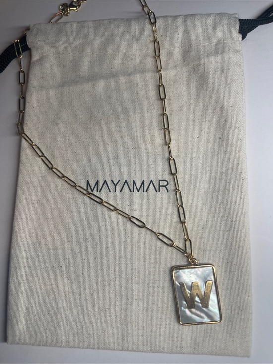 Mayamar Jewelry - Gold W Rectangle Pendant Paperclip Necklace with Mother-of-Pearl by Mayamar